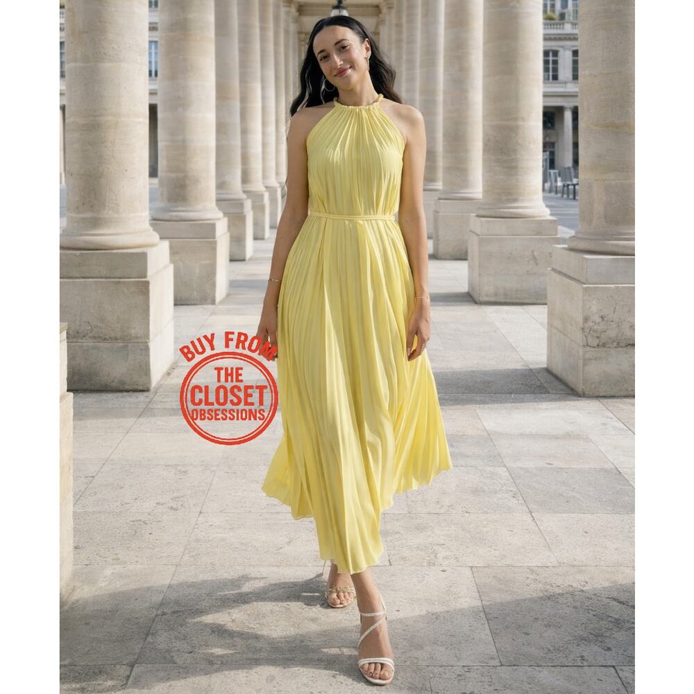 Mango NWT Butter Yellow Pleated Halter Midi Dress 8 - Picture 7 of 16